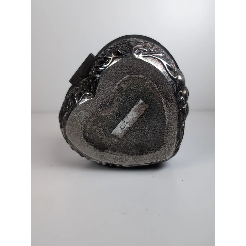 Silver Tone Heart Shaped Metal Beaded Trinket Box Blue Velvet Lined Embossed